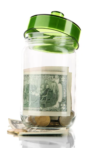 Glass jar with money isolated on white — Stock Photo, Image