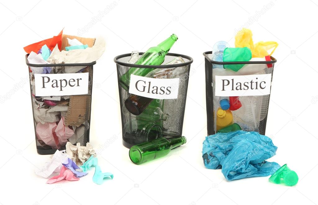 Buckets for waste sorting isolated on white Stock Photo by ©belchonock