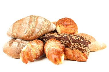 ekmek ve rulolar, üzerinde beyaz izole kompozisyonu