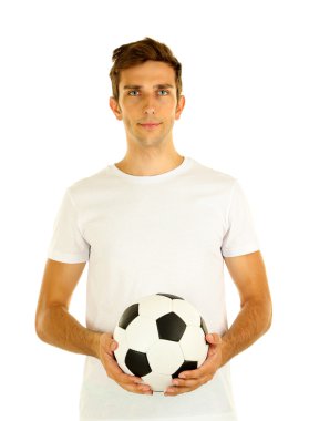 beyaz izole topu tutan genç futbolcu