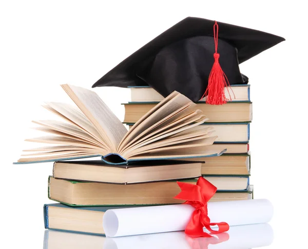 Grad hat with diploma and books isolated on white — Stock Photo, Image