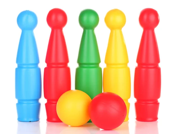 Colorful plastic skittles of toy bowling isolated on white — Stock Photo, Image