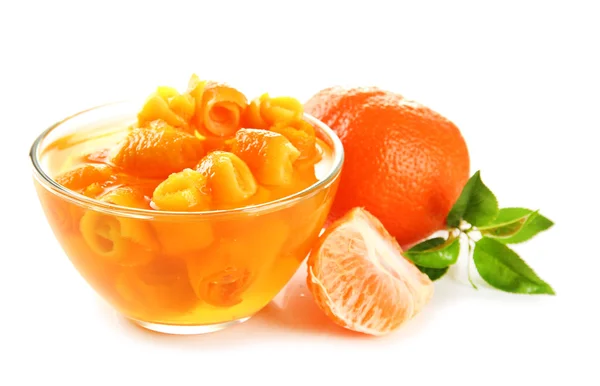 Orange jam with zest and tangerines, isolated on white — Stock Photo, Image