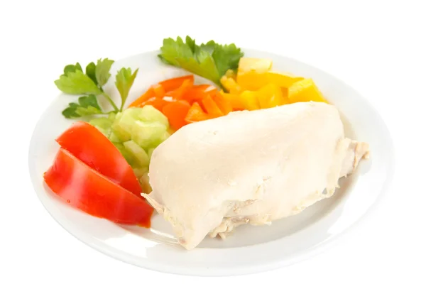 Boiled chicken breast on plate with vegetables close up — Stock Photo, Image