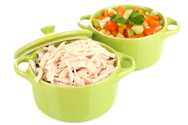 Shredded boiled chicken in green pan isolated on white — Stock Photo, Image