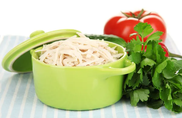 Shredded boiled chicken in green pan close up — Stock Photo, Image