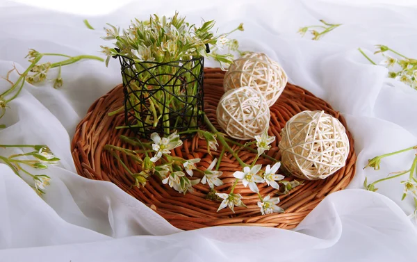 Composition with spring flowers on white satin background — Stock Photo, Image