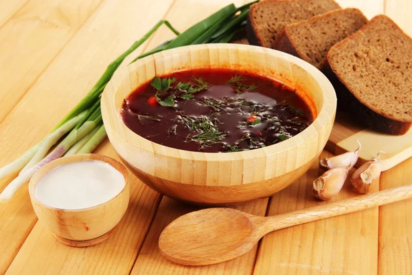 stock image Delicious borsch on table close-up