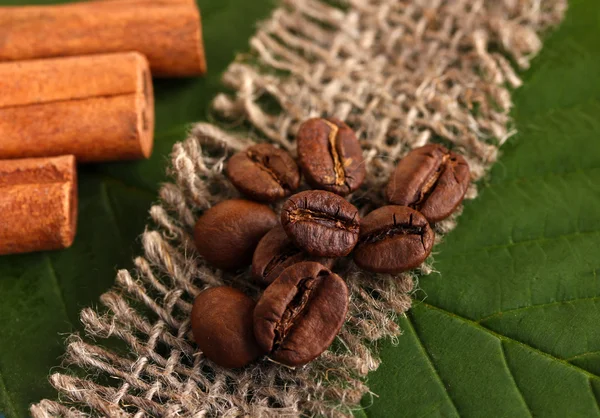 Grãos de café e canela em pano de saco em folhas verdes close-up — Fotografia de Stock