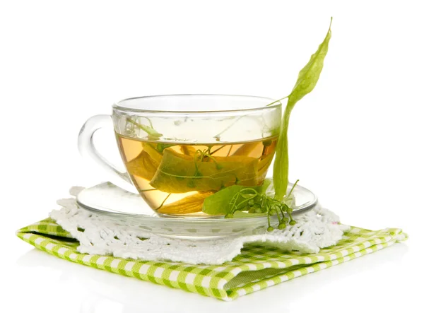 Glass cup of tea with linden isolated on white — Stock Photo, Image