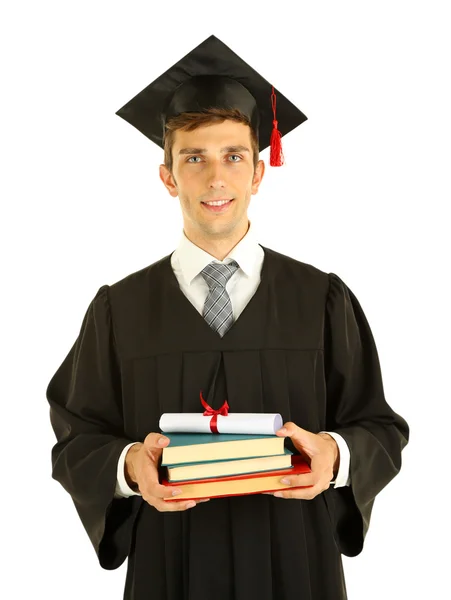 Young graduation man holding diploma and books, isolated on white — Stock Photo, Image