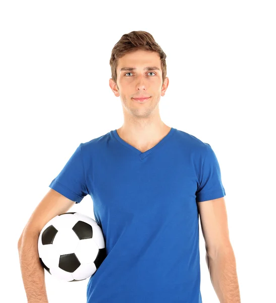 Jovem jogador de futebol segurando bola, isolado em branco — Fotografia de Stock