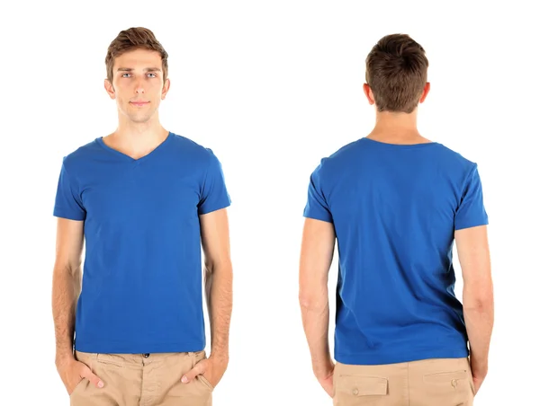T-shirt on young man in front and behind isolated on white — Stock Photo, Image