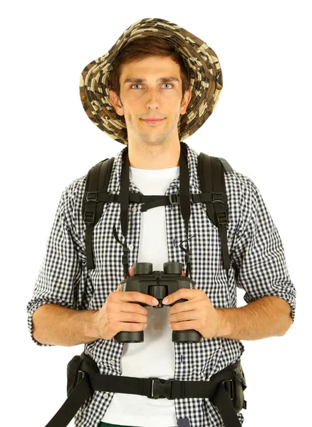 Junger Wanderer Mann Tourist mit Fernglas, isoliert auf weiß — Stockfoto