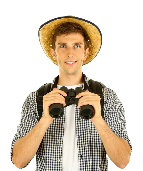 Jeune randonneur touriste avec binoculaire, isolé sur blanc — Photo