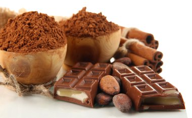 çikolatalı tatlılar, kakao ve baharat üzerine beyaz izole, kompozisyon