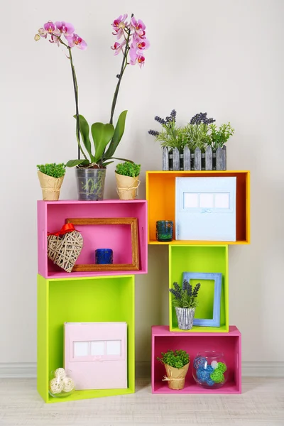 Beautiful colorful shelves with different home related objects — Stock Photo, Image