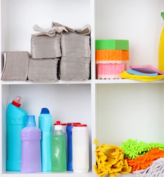 Prateleiras em despensa com produtos de limpeza para close-up em casa — Fotografia de Stock