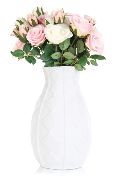 Beautiful pink and white roses in vase isolated on white — Stock Photo, Image