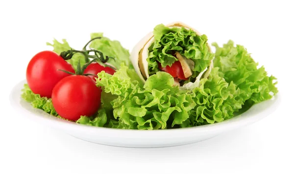 Kebab - grilované maso a zeleninu, na desku, izolované na bílém — Stock fotografie
