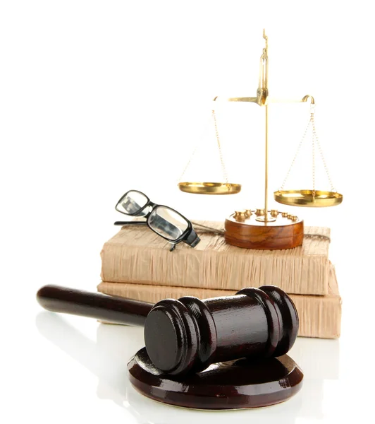 Golden scales of justice, gavel and books isolated on white — Stock Photo, Image