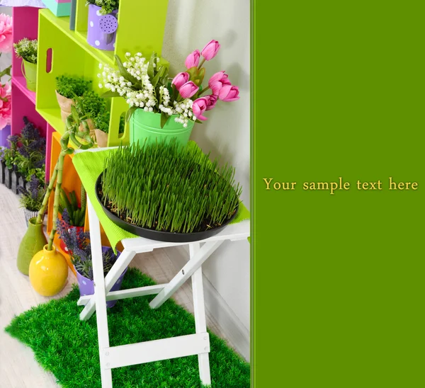 Colorful shelves and table with decorative elements and flowers — Stock Photo, Image