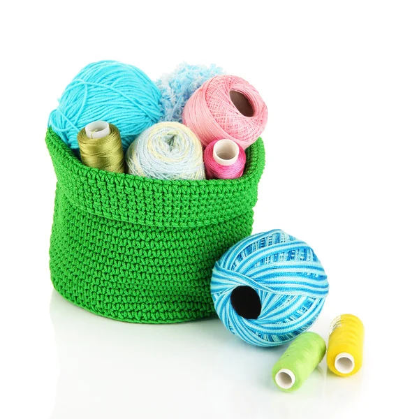 Colorful yarn for knitting in green basket isolated on white Stock