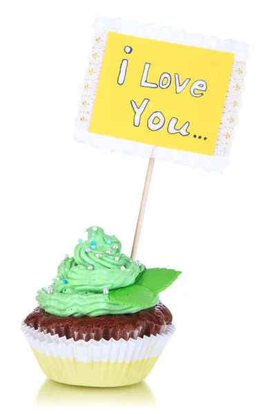 Mooie cupcake met briefkaart geïsoleerd op wit — Stockfoto