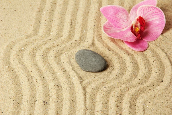 Jardin zen avec sable râpé et pierre ronde gros plan — Photo