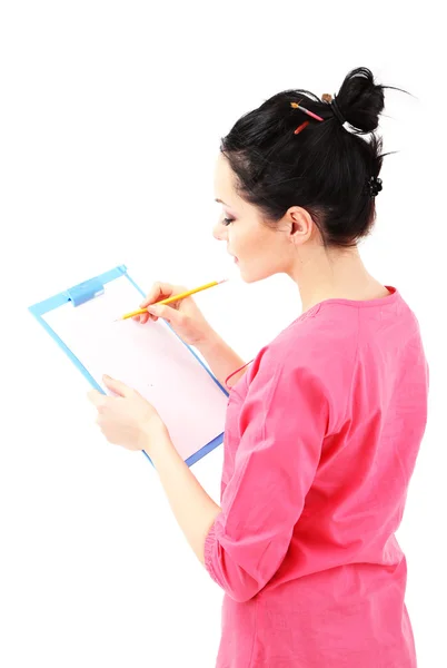 Beautiful young woman painter at work, isolated on white — Stock Photo, Image