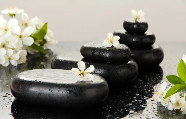 Pedras de spa e flores brancas no fundo escuro — Fotografia de Stock