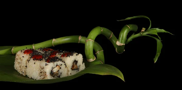 Leckeres Maki-Sushi - Rolle auf grünem Blatt auf dunklem Hintergrund — Stockfoto