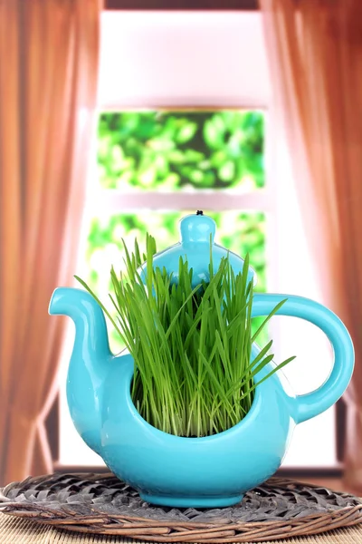 Groen gras in decoratieve pot op achtergrond van venster — Stockfoto