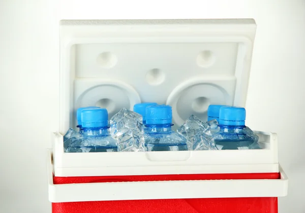 Refrigerador itinerante con botellas de agua y cubitos de hielo, sobre fondo gris —  Fotos de Stock