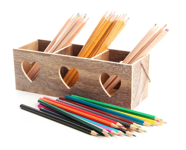Different pencils in wooden crate, isolated on white Stock Image