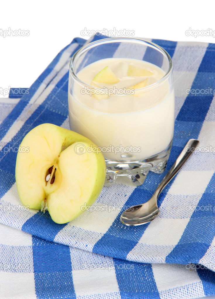 Delicious yogurt in glass with apple isolated on white — Stock Photo