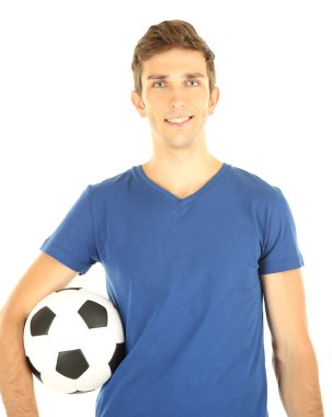 beyaz izole topu tutan genç futbolcu