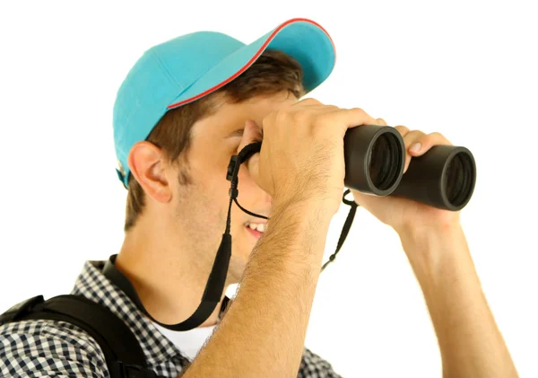 Joven excursionista turista con binocular, aislado en blanco — Foto de Stock