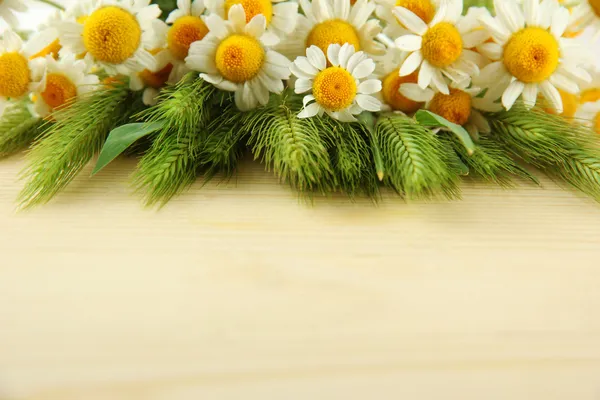 Green spikelets and wild camomiles, on wooden background — Stock Photo, Image