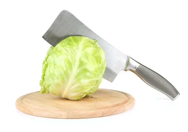 Green cabbage with knife on cutting board, isolated on white — Stock Photo, Image