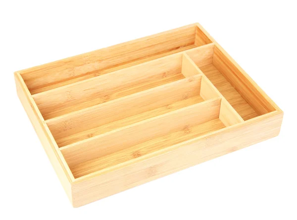 Caixa de talheres de madeira vazia isolada em branco — Fotografia de Stock