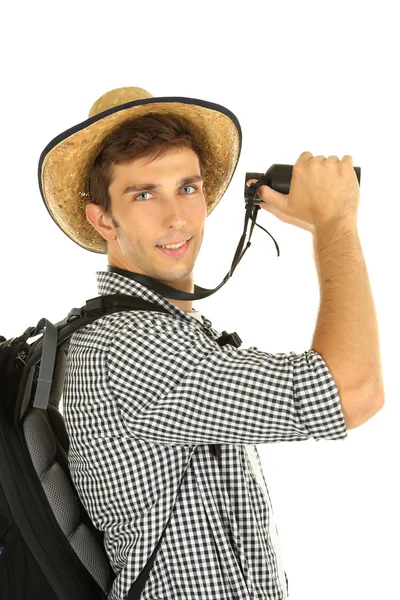 Young hiker man tourist with binocular, isolated on white — Stock Photo, Image