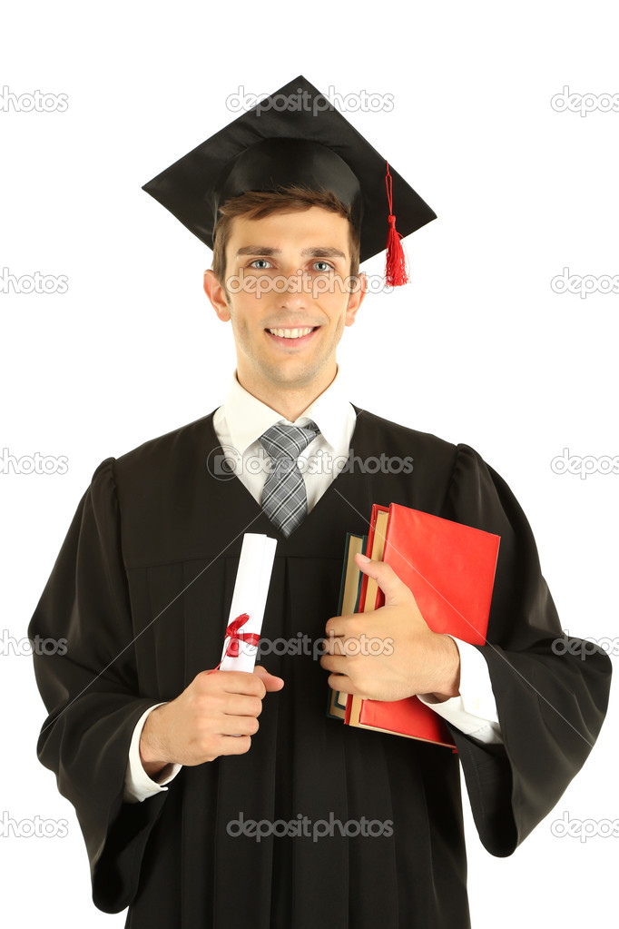 Young graduation man holding diploma and books, isolated on white