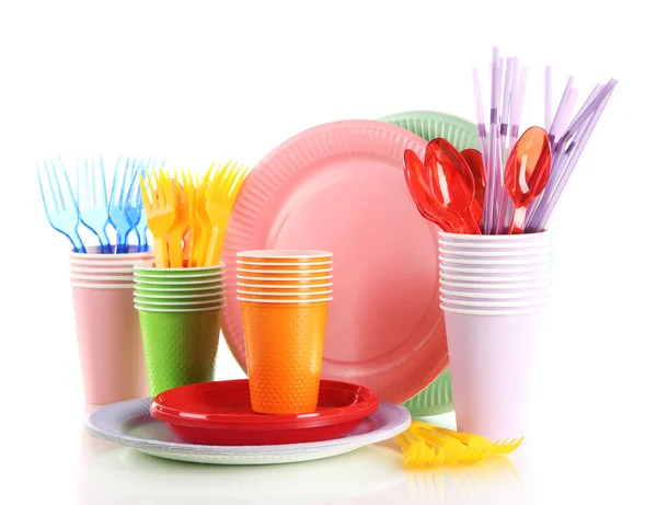 Multicolored plastic tableware isolated on white — Stock Photo, Image