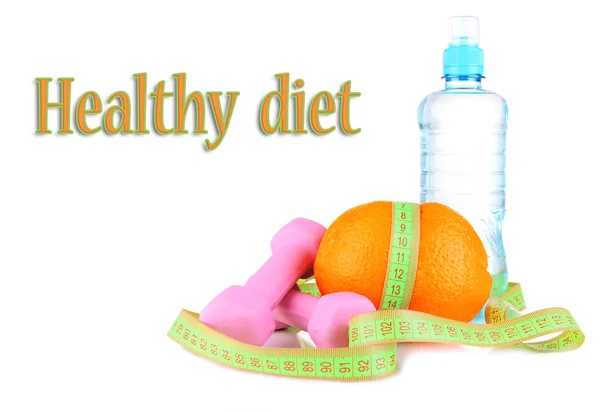 Orange with measuring tape, dumbbells and bottle of water, isolated on white — Stock Photo, Image