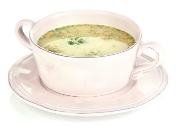 Soupe nourrissante aux légumes dans une casserole isolée sur blanc — Photo