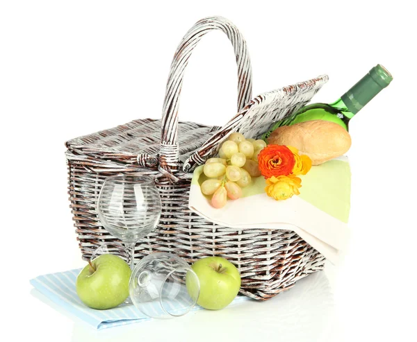 Picnic basket with fruits and bottle of wine, isolated on white — Stock Photo, Image