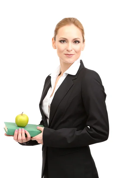 Portrait of teacher woman with book and apple, isolated on white — Stock Photo, Image