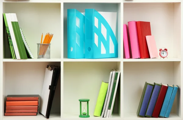 White office shelves with different stationery, close up — Stock Photo, Image