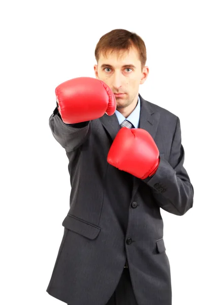 Homem de negócios em luvas de boxe isolado em branco — Fotografia de Stock